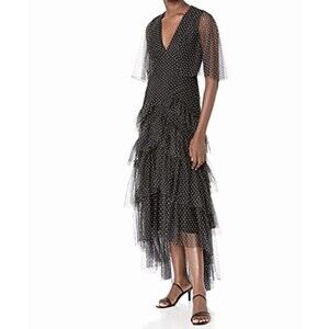 BCBG VTG 90s Y2K Black Dot Maxi Dress Size 6 Tulle Tiered Prom Goth Dark Fairy